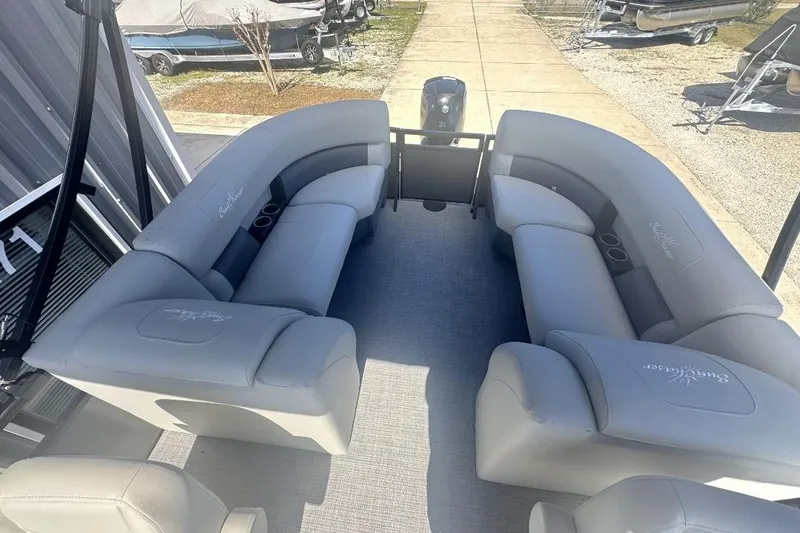 Slide: The Image of 2026 SunChaser Vista LR DH pontoon boat with spacious seating and modern design. - 10