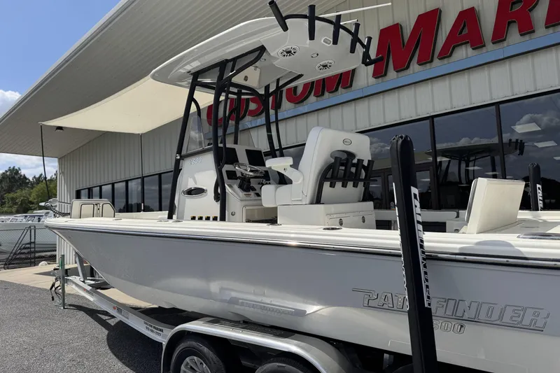 Slide: The Image of 2026 Pathfinder 2600 TRS boat on trailer outside marine dealership. - 2