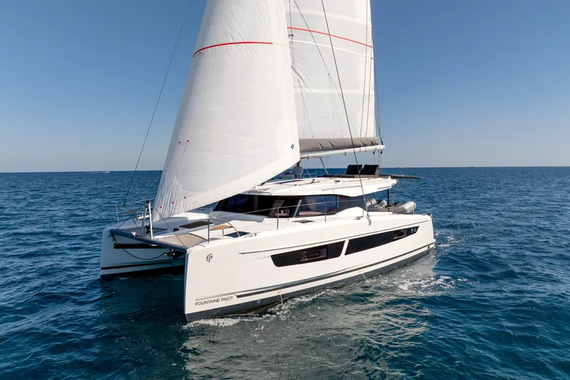 Slide: The Image of 2025 Fountaine Pajot FP41 Catamaran sailing on open sea under clear blue sky. - 18