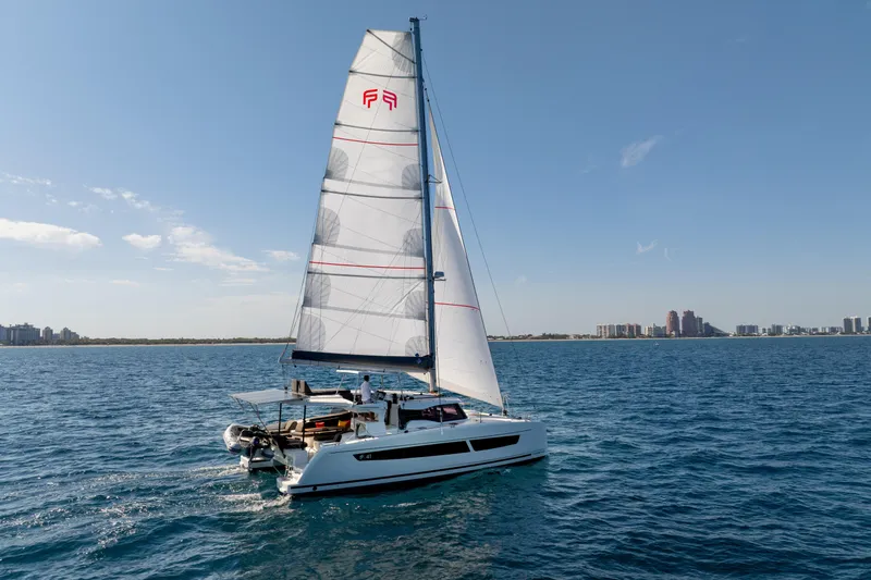 Slide: The Image of 2025 Fountaine Pajot FP41 Catamaran sailing on open water with city skyline in background. - 19