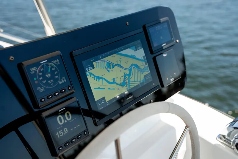 Slide: The Image of Navigation system on 2025 Fountaine Pajot New 41 yacht, featuring Garmin displays. - 71