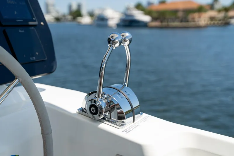 Slide: The Image of Control panel of 2025 Fountaine Pajot New 41 yacht with dual throttle levers. - 72