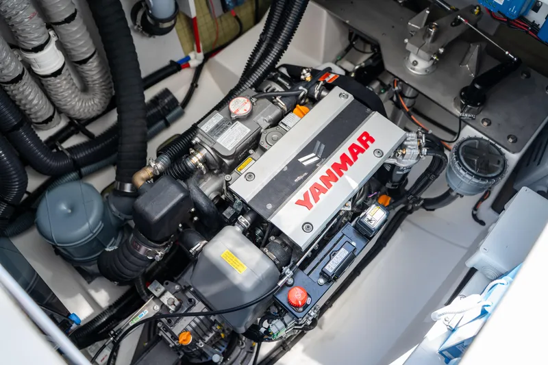 Slide: The Image of Engine compartment of 2025 Fountaine Pajot New 41 catamaran featuring Yanmar engine. - 79