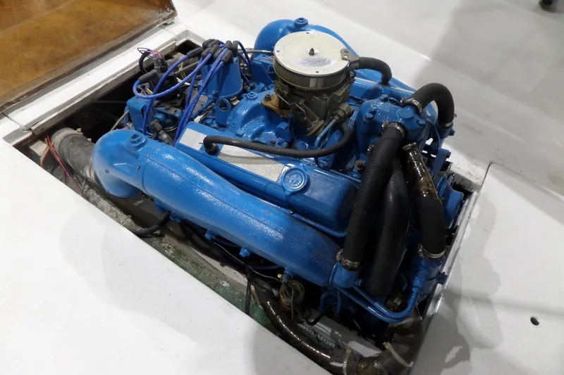 Slide: The Image of Blue engine of a 1980 Lyman-Morse Fisherman Sleeper boat, detailed view. - 35