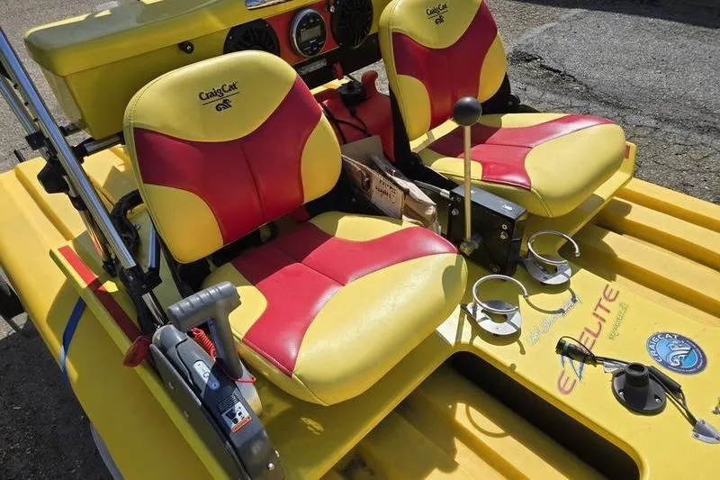 Slide: The Image of Yellow and red CraigCat CATCHIT 2019 model with dual seats and control levers. - 6