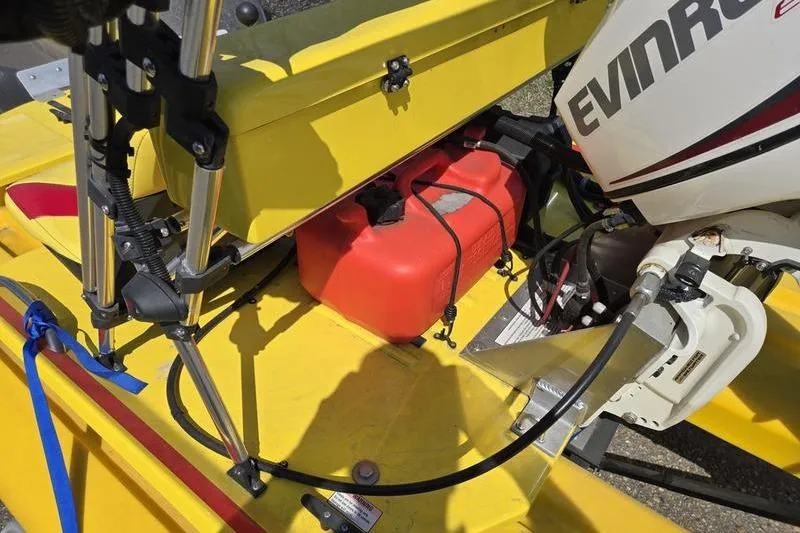 Slide: The Image of Yellow 2019 CraigCat CATCHIT boat with Evinrude motor and red fuel tank. - 8