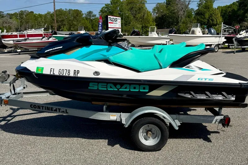 The Image of 2018 Sea-Doo GTS jet ski on trailer in outdoor setting. - 0
