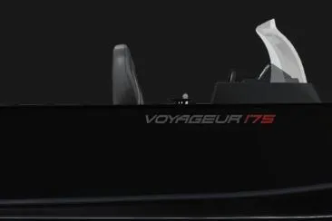 Slide: The Image of 2026 Alumacraft Voyageur 175 SC boat side view with sleek black design. - 20