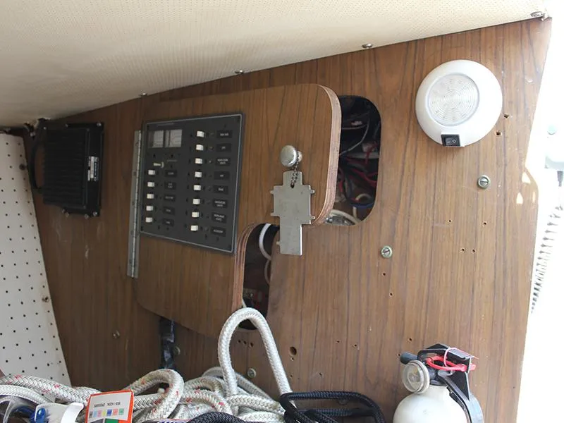 Slide: The Image of Interior view of a 1970 Bertram 25 Moppie boat with control panel. - 8