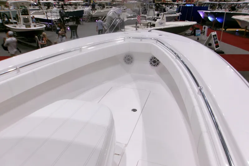 Slide: The Image of 2026 Contender 32 ST boat interior at a boat show, showcasing sleek design and spacious layout. - 10