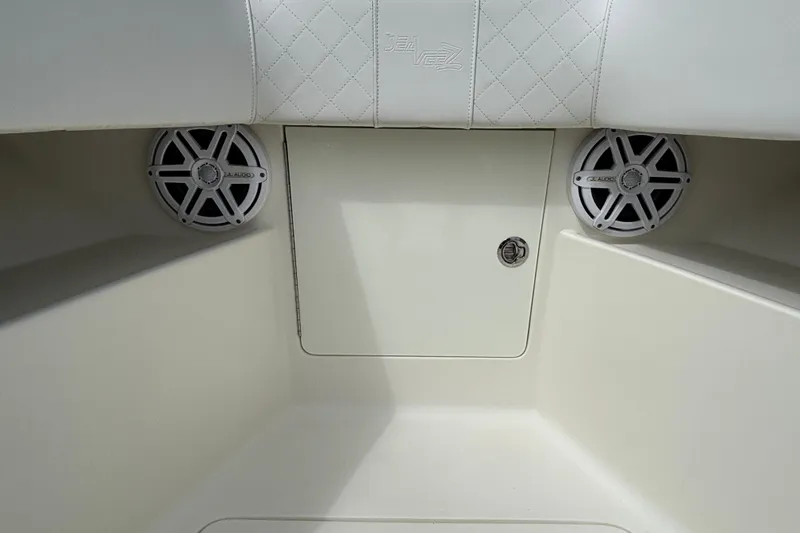 Slide: The Image of 2018 SeaVee 390Z boat interior with JL Audio speakers and quilted upholstery. - 30