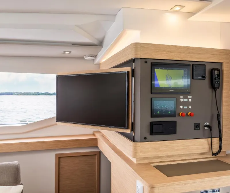 Slide: The Image of Control panel and navigation system on 2025 Fountaine Pajot NEW 41 yacht interior. - 30