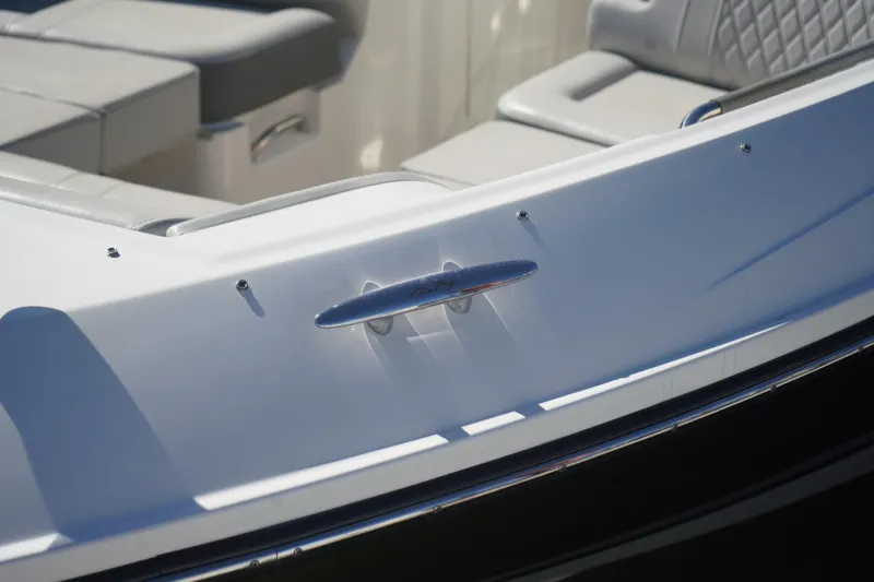 Slide: The Image of 2023 Sea Ray SLX 350 boat interior with sleek seating and polished details. - 17