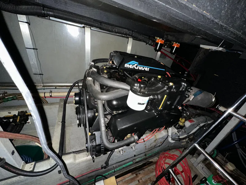 Slide: The Image of Engine compartment of a 1991 Sea Ray 380 Aft Cabin with MerCruiser engine. - 22