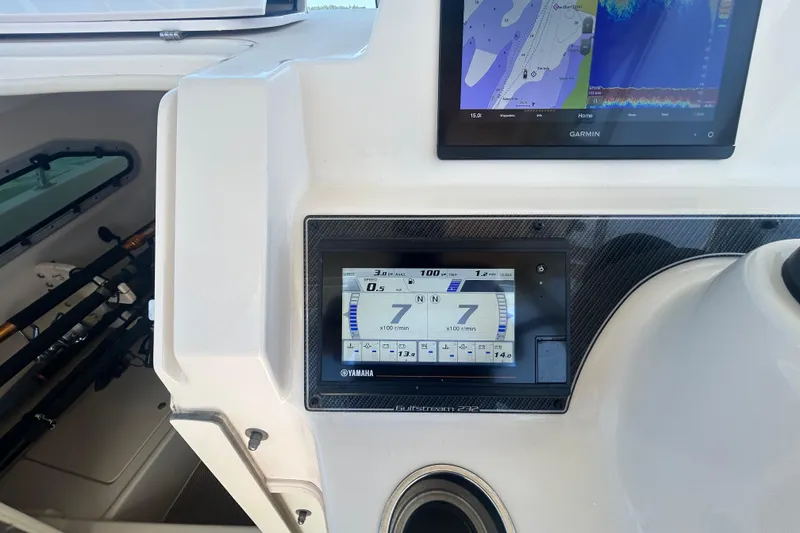 Slide: The Image of Grady-White Gulfstream 232 dashboard with Garmin and Yamaha displays, 2021 model. - 32
