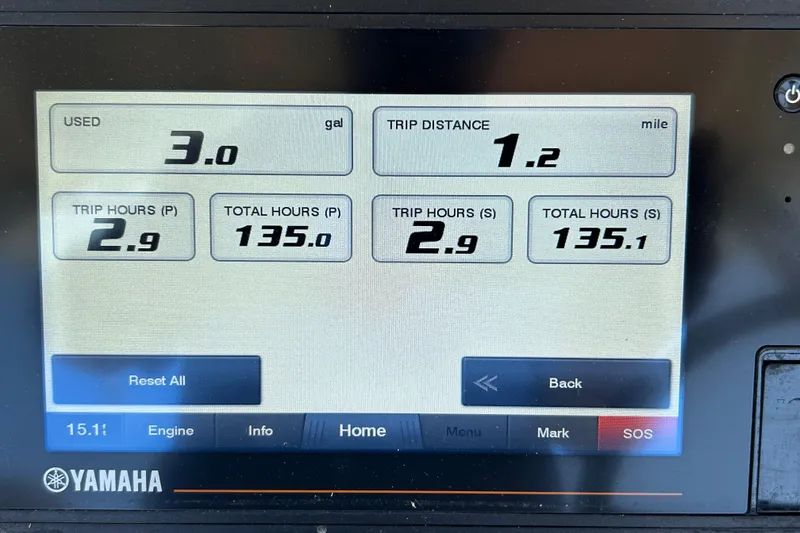 Slide: The Image of Yamaha engine display showing trip data: 3 gallons used, 1.2 miles traveled. Grady-White Gulfstream 232. - 33