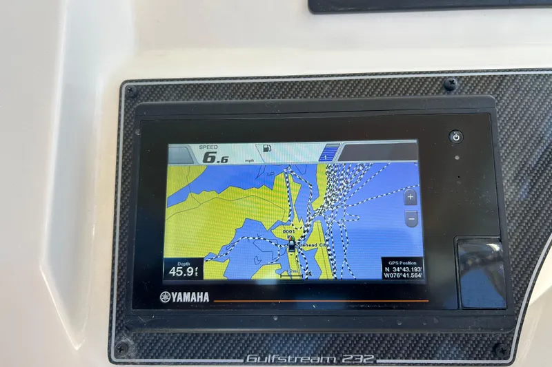 Slide: The Image of GPS display on 2021 Grady-White Gulfstream 232 showing speed and navigation map. - 34