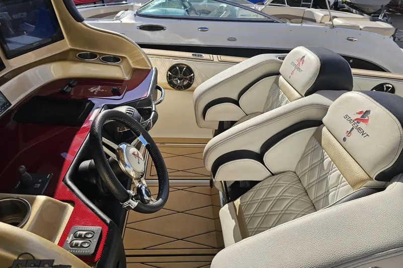 Slide: The Image of Luxurious 2017 Statement 380 Open boat interior with plush seating and sleek dashboard design. - 33