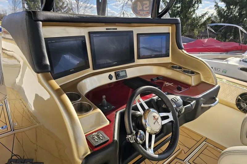 Slide: The Image of Cockpit of 2017 Statement 380 Open boat with modern navigation screens and steering wheel. - 34