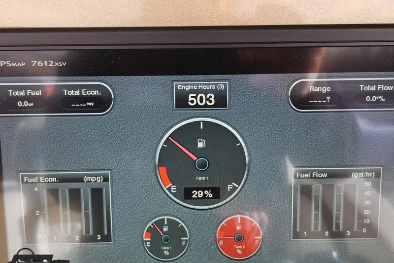 Slide: The Image of Dashboard display of a 2017 Statement 380 Open showing engine hours and fuel metrics. - 45