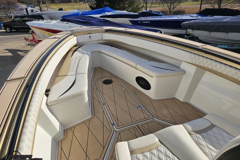 Slide: The Image of Luxurious 2017 Statement 380 Open boat interior with elegant seating and wood-patterned flooring. - 50