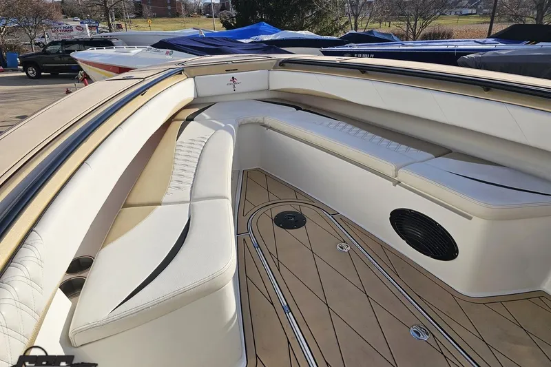Slide: The Image of Luxurious seating area on a 2017 Statement 380 Open boat, featuring elegant design. - 51