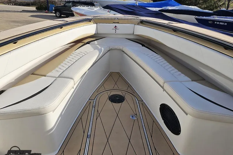 Slide: The Image of Luxurious seating area on a 2017 Statement 380 Open boat, featuring elegant upholstery. - 54