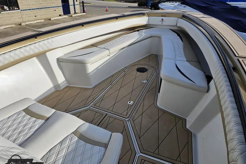 Slide: The Image of Luxurious interior of 2017 Statement 380 Open boat with elegant seating and wood-patterned flooring. - 59
