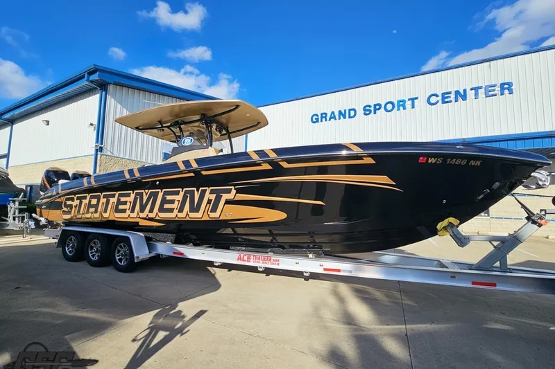 Slide: The Image of 2017 Statement 380 Open boat on trailer at Grand Sport Center. - 7