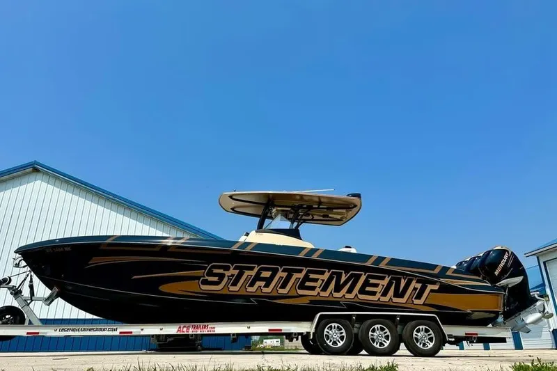 Slide: The Image of 2017 Statement 380 Open boat on trailer, sleek design, blue sky background. - 72