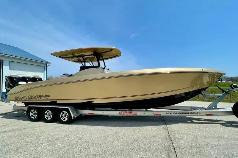 Slide: The Image of 2017 Statement 380 Open boat on trailer, parked outdoors under clear blue sky. - 83