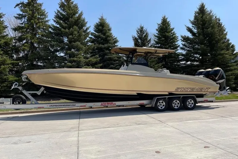 Slide: The Image of 2017 Statement 380 Open boat on trailer, surrounded by trees. - 84