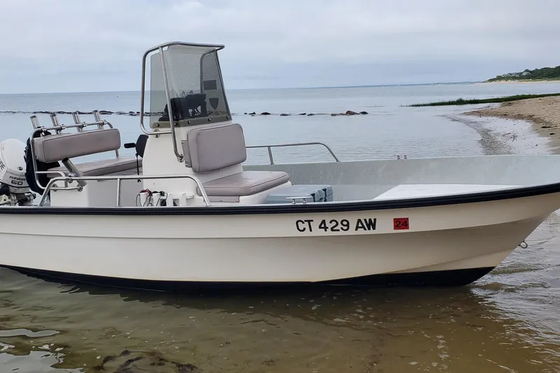 Slide: The Image of 1999 Maritime Skiff 1690 boat docked on a sandy shore with calm waters. - 8