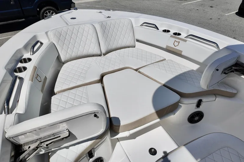 Slide: The Image of Luxurious seating area on 2026 Sea Fox 228 Commander boat, featuring quilted upholstery. - 15