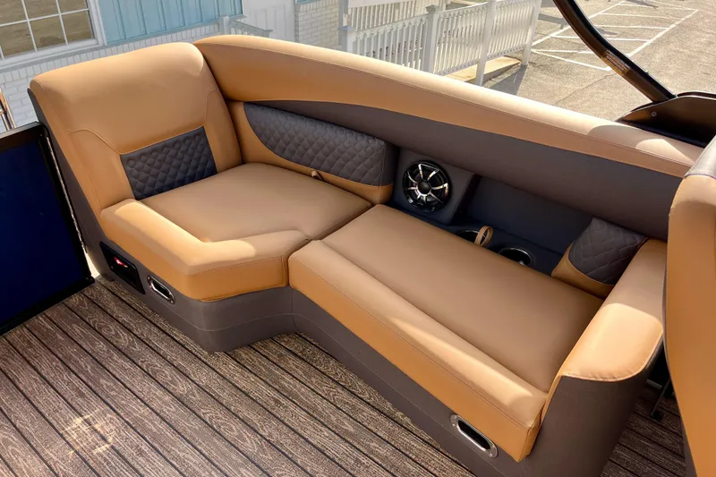 Slide: The Image of Luxurious seating area on Harris Sunliner 250 pontoon boat, model 2026. - 23