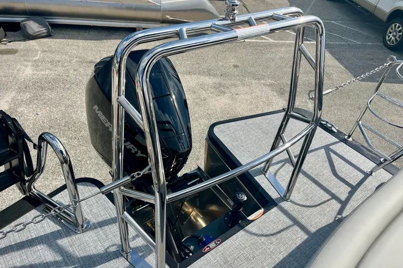 Slide: The Image of Harris Sunliner 230 Sport 2026 with Mercury engine and stainless steel railing. - 23