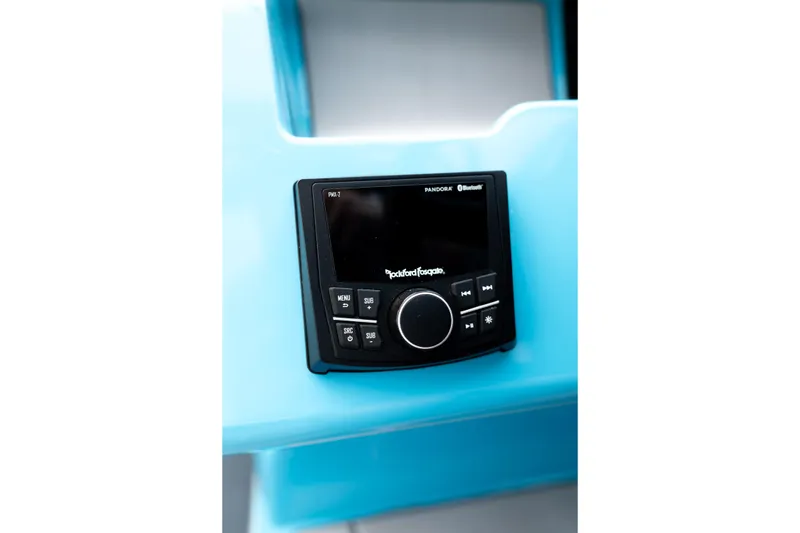 Slide: The Image of Rockford Fosgate audio system in 2023 Heyday H22 boat, featuring Bluetooth connectivity. - 28