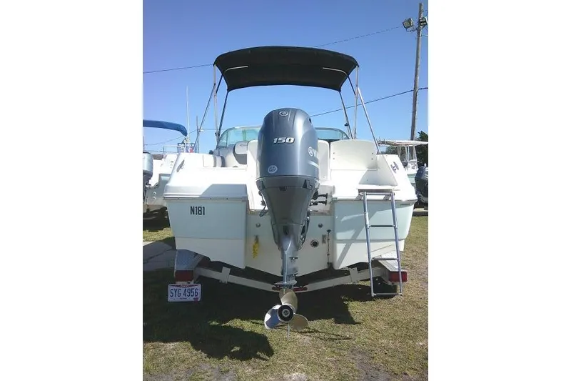 Slide: The Image of 2019 Robalo R207 Dual Console boat with outboard motor and ladder, parked on grass. - 12