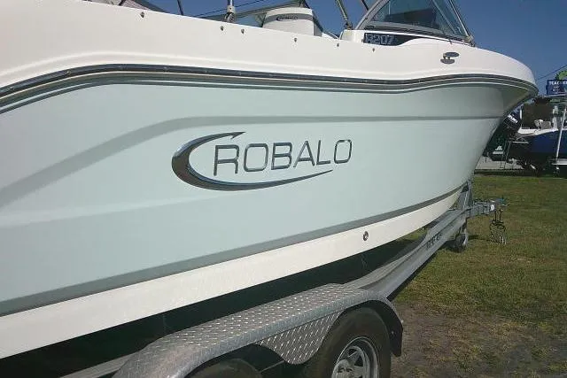 Slide: The Image of 2019 Robalo R207 Dual Console boat on trailer, side view. - 15