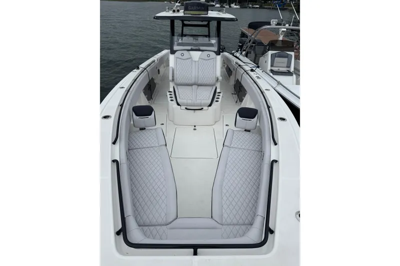 Slide: The Image of 2023 Fountain 38 CC Tournament Edition boat with luxurious seating and sleek design. - 33