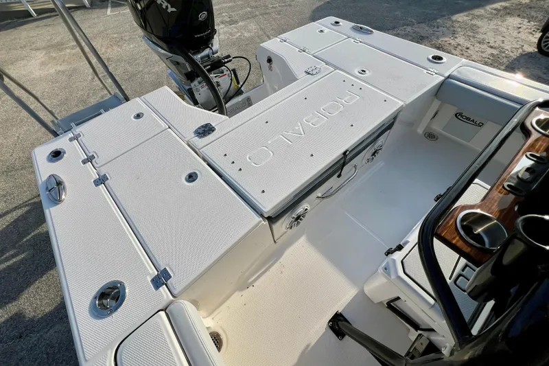 Slide: The Image of 2026 Robalo 246 Cayman boat deck with storage compartments and motor. - 10