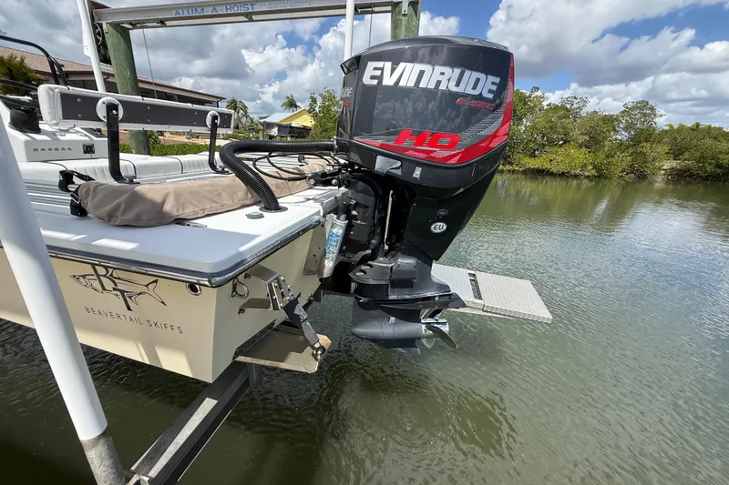 Slide: The Image of 2017 Beavertail Skiffs Lightning with Evinrude motor on a lift over water. - 47