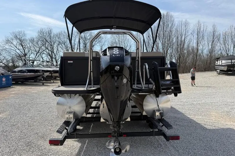 Slide: The Image of 2026 Alera 22q pontoon boat with powerful V6 engine on trailer. - 6