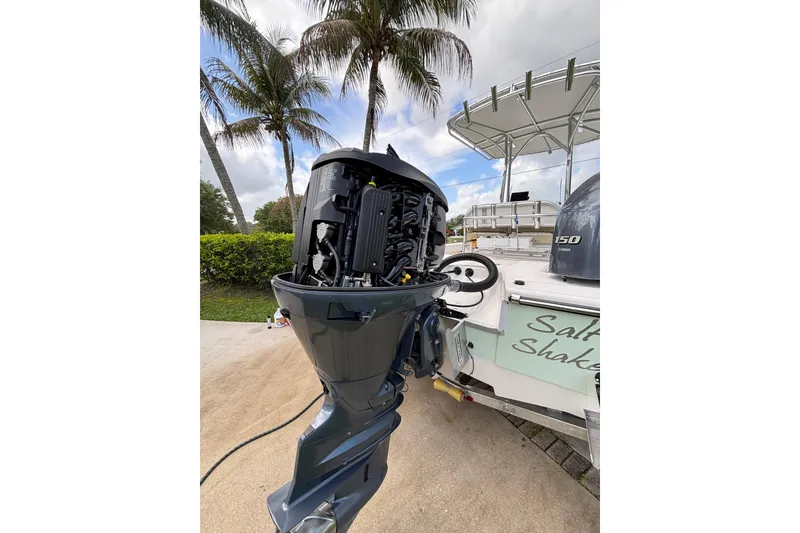 Slide: The Image of 2020 Sea Born FX22 Bay boat with Yamaha 150 engine, parked near palm trees. - 30