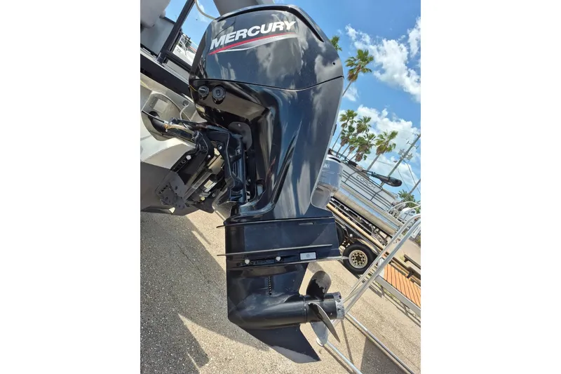 Slide: The Image of Mercury outboard motor on 2022 Sport Pontoons Tritoon Slide, sunny day with palm trees. - 6