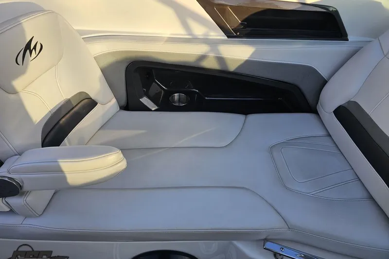 Slide: The Image of Luxurious interior seating of 2011 Monterey 328SS Super Sport boat, featuring sleek design and comfort. - 49