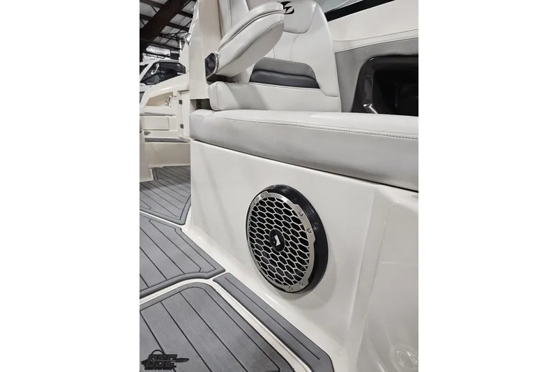 Slide: The Image of Interior of 2011 Monterey 328SS Super Sport boat with speaker and seating detail. - 99