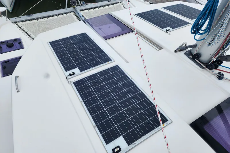 Slide: The Image of Solar panels on a 2020 Leopard 45 catamaran deck. - 36