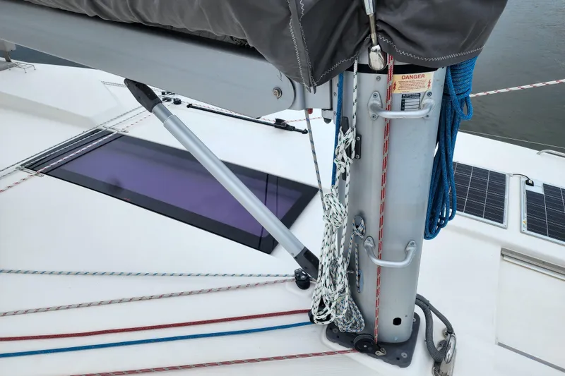 Slide: The Image of Sailboat deck with rigging and solar panels, Leopard 45 model, 2020. - 44