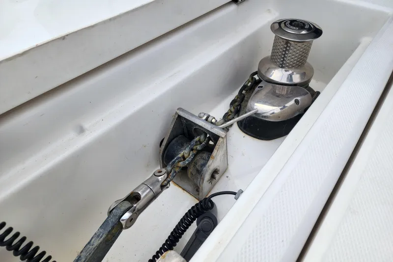 Slide: The Image of Anchor windlass system on a 2020 Leopard 45 yacht, featuring a sturdy chain mechanism. - 56